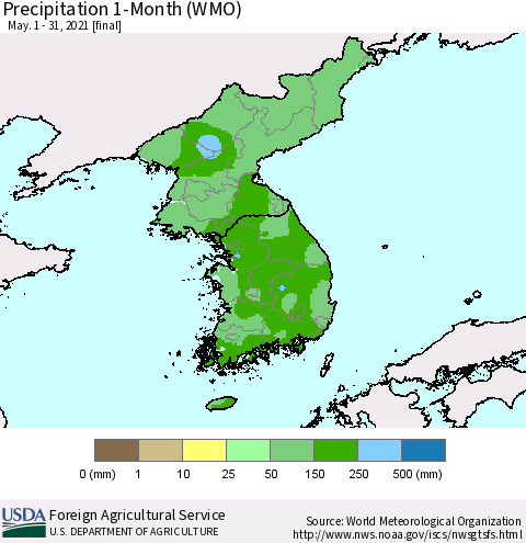Korea Precipitation 1-Month (WMO) Thematic Map For 5/1/2021 - 5/31/2021