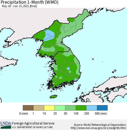 Korea Precipitation 1-Month (WMO) Thematic Map For 5/16/2021 - 6/15/2021