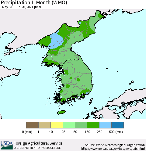 Korea Precipitation 1-Month (WMO) Thematic Map For 5/21/2021 - 6/20/2021