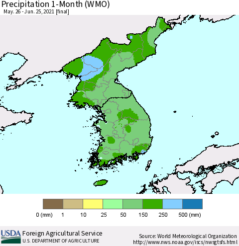 Korea Precipitation 1-Month (WMO) Thematic Map For 5/26/2021 - 6/25/2021