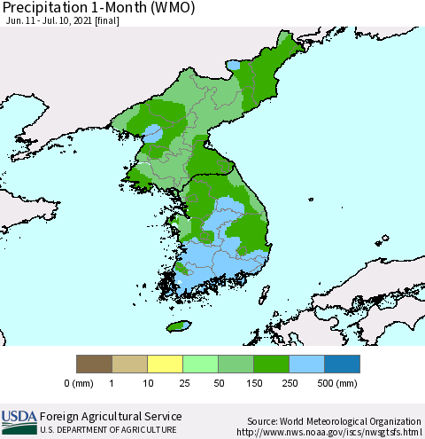 Korea Precipitation 1-Month (WMO) Thematic Map For 6/11/2021 - 7/10/2021
