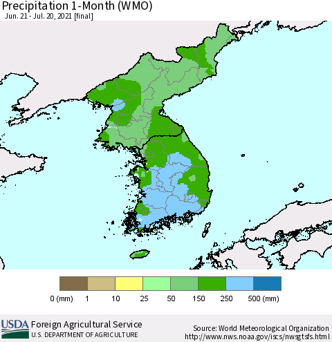 Korea Precipitation 1-Month (WMO) Thematic Map For 6/21/2021 - 7/20/2021