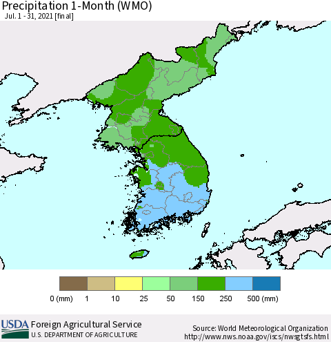 Korea Precipitation 1-Month (WMO) Thematic Map For 7/1/2021 - 7/31/2021