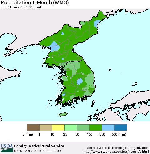 Korea Precipitation 1-Month (WMO) Thematic Map For 7/11/2021 - 8/10/2021