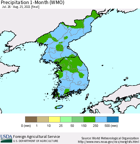 Korea Precipitation 1-Month (WMO) Thematic Map For 7/26/2021 - 8/25/2021
