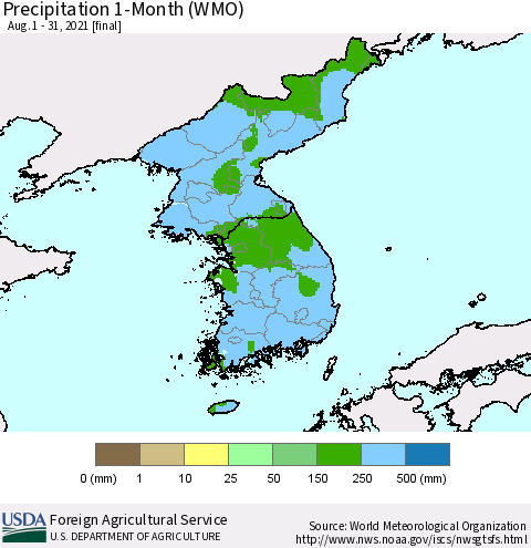 Korea Precipitation 1-Month (WMO) Thematic Map For 8/1/2021 - 8/31/2021