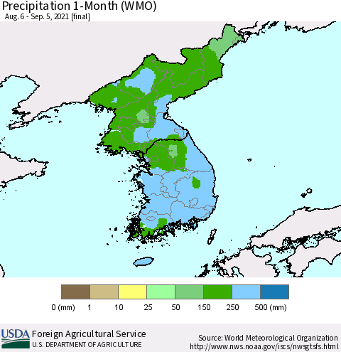 Korea Precipitation 1-Month (WMO) Thematic Map For 8/6/2021 - 9/5/2021