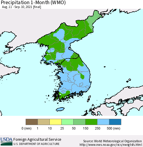 Korea Precipitation 1-Month (WMO) Thematic Map For 8/11/2021 - 9/10/2021