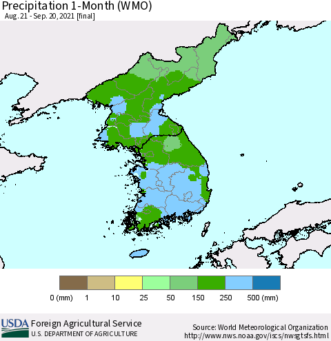 Korea Precipitation 1-Month (WMO) Thematic Map For 8/21/2021 - 9/20/2021