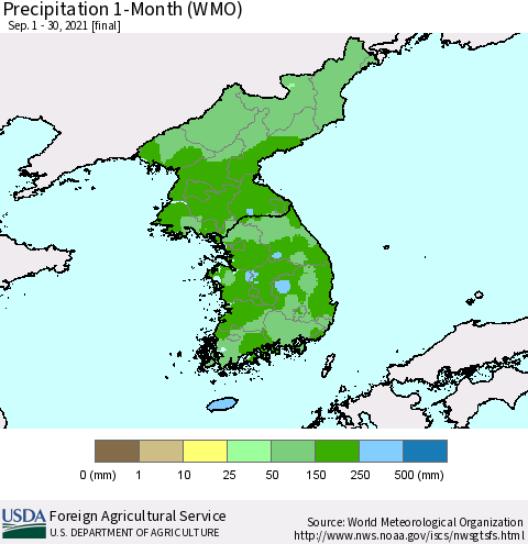 Korea Precipitation 1-Month (WMO) Thematic Map For 9/1/2021 - 9/30/2021