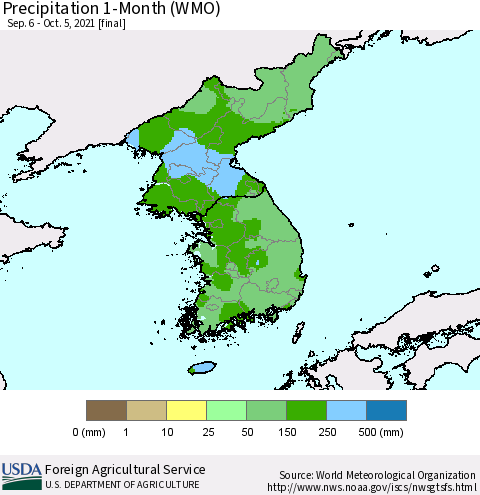 Korea Precipitation 1-Month (WMO) Thematic Map For 9/6/2021 - 10/5/2021