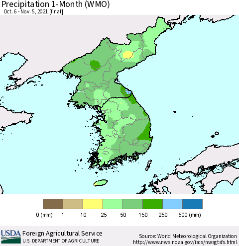 Korea Precipitation 1-Month (WMO) Thematic Map For 10/6/2021 - 11/5/2021