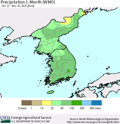 Korea Precipitation 1-Month (WMO) Thematic Map For 10/11/2021 - 11/10/2021