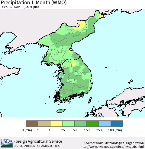 Korea Precipitation 1-Month (WMO) Thematic Map For 10/16/2021 - 11/15/2021