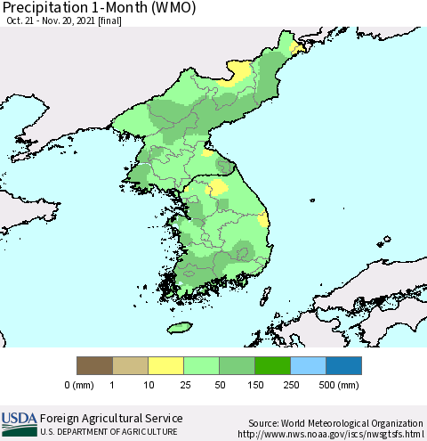 Korea Precipitation 1-Month (WMO) Thematic Map For 10/21/2021 - 11/20/2021