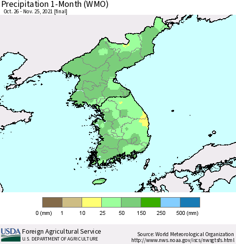 Korea Precipitation 1-Month (WMO) Thematic Map For 10/26/2021 - 11/25/2021
