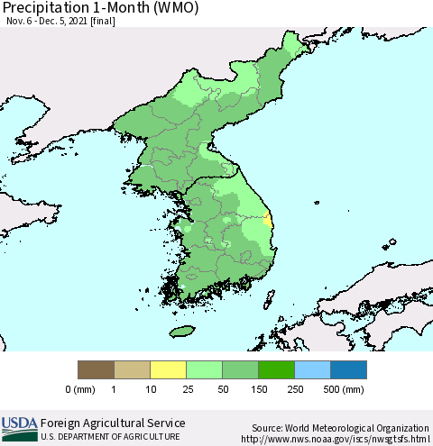 Korea Precipitation 1-Month (WMO) Thematic Map For 11/6/2021 - 12/5/2021