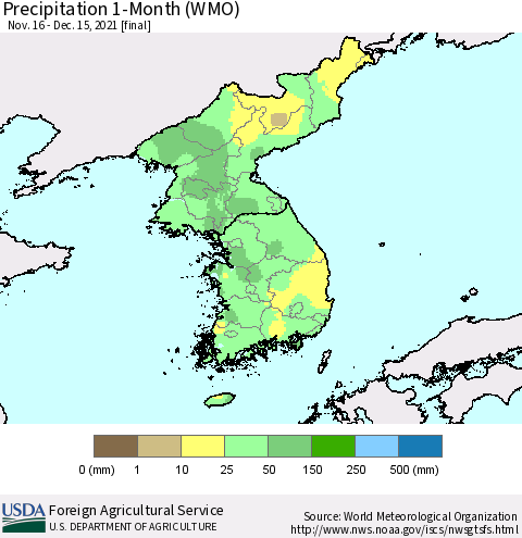 Korea Precipitation 1-Month (WMO) Thematic Map For 11/16/2021 - 12/15/2021