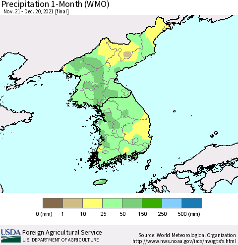 Korea Precipitation 1-Month (WMO) Thematic Map For 11/21/2021 - 12/20/2021