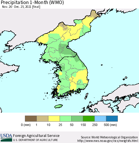 Korea Precipitation 1-Month (WMO) Thematic Map For 11/26/2021 - 12/25/2021
