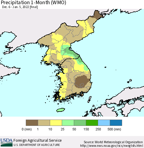 Korea Precipitation 1-Month (WMO) Thematic Map For 12/6/2021 - 1/5/2022