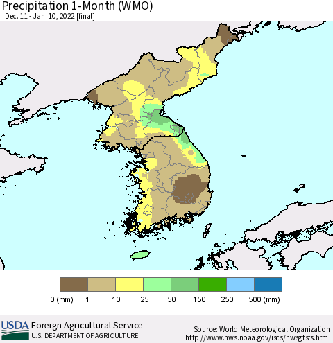 Korea Precipitation 1-Month (WMO) Thematic Map For 12/11/2021 - 1/10/2022