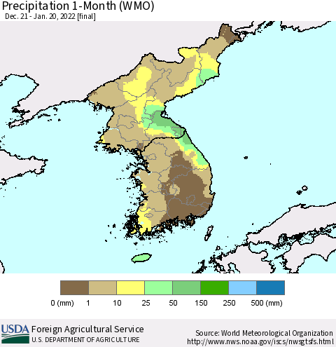 Korea Precipitation 1-Month (WMO) Thematic Map For 12/21/2021 - 1/20/2022