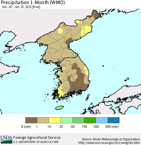 Korea Precipitation 1-Month (WMO) Thematic Map For 12/26/2021 - 1/25/2022