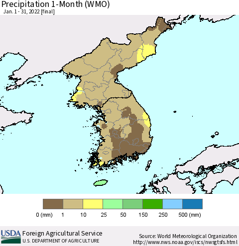 Korea Precipitation 1-Month (WMO) Thematic Map For 1/1/2022 - 1/31/2022