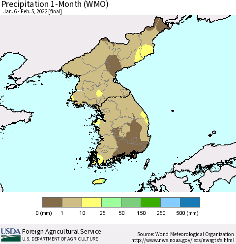 Korea Precipitation 1-Month (WMO) Thematic Map For 1/6/2022 - 2/5/2022
