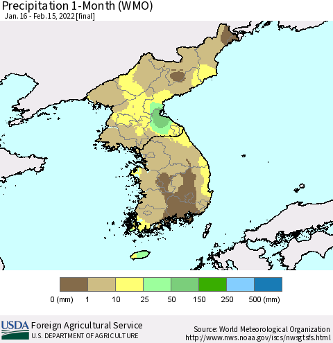 Korea Precipitation 1-Month (WMO) Thematic Map For 1/16/2022 - 2/15/2022