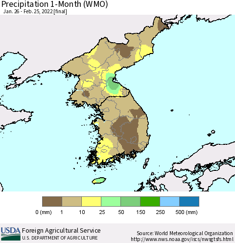 Korea Precipitation 1-Month (WMO) Thematic Map For 1/26/2022 - 2/25/2022
