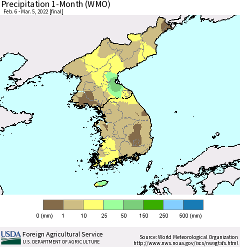 Korea Precipitation 1-Month (WMO) Thematic Map For 2/6/2022 - 3/5/2022