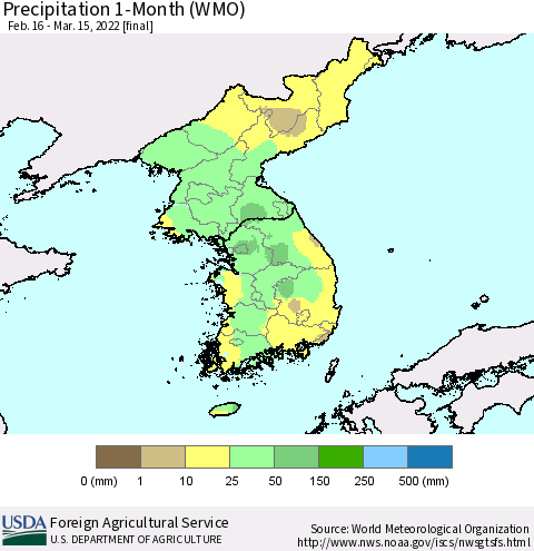 Korea Precipitation 1-Month (WMO) Thematic Map For 2/16/2022 - 3/15/2022