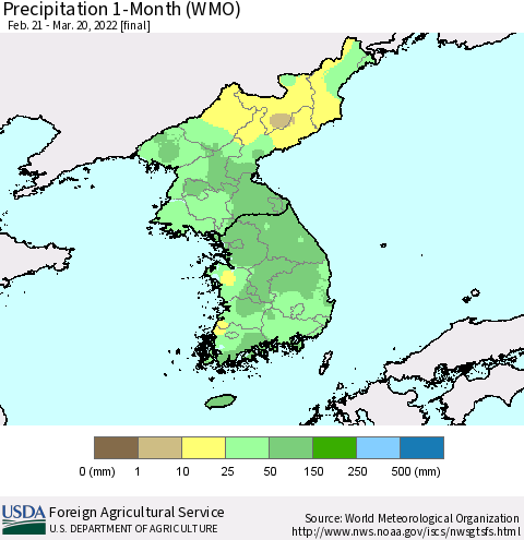 Korea Precipitation 1-Month (WMO) Thematic Map For 2/21/2022 - 3/20/2022