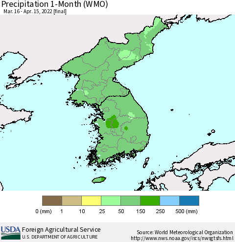 Korea Precipitation 1-Month (WMO) Thematic Map For 3/16/2022 - 4/15/2022
