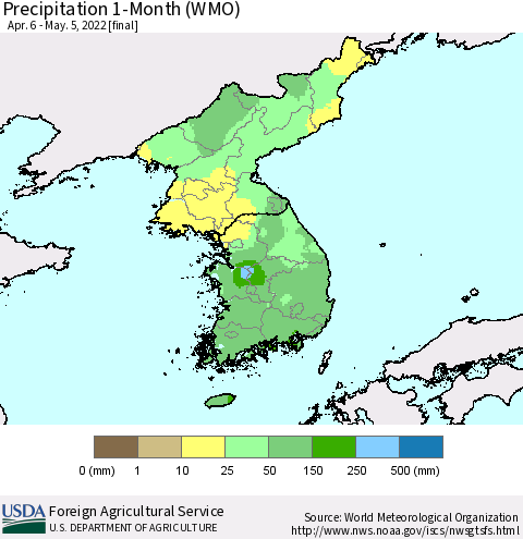 Korea Precipitation 1-Month (WMO) Thematic Map For 4/6/2022 - 5/5/2022