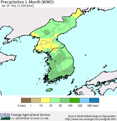 Korea Precipitation 1-Month (WMO) Thematic Map For 4/16/2022 - 5/15/2022