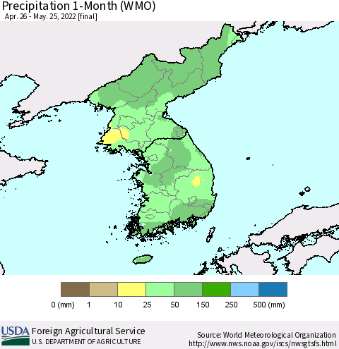 Korea Precipitation 1-Month (WMO) Thematic Map For 4/26/2022 - 5/25/2022