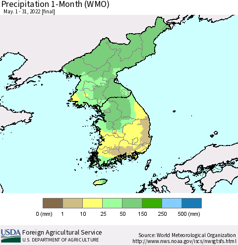 Korea Precipitation 1-Month (WMO) Thematic Map For 5/1/2022 - 5/31/2022