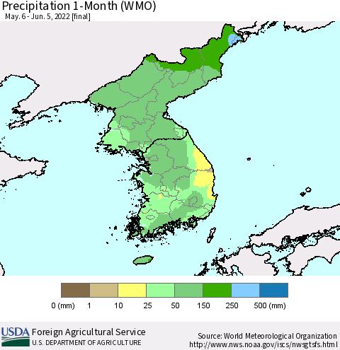 Korea Precipitation 1-Month (WMO) Thematic Map For 5/6/2022 - 6/5/2022