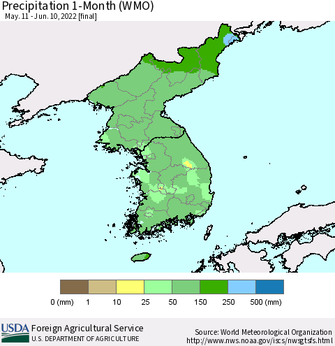 Korea Precipitation 1-Month (WMO) Thematic Map For 5/11/2022 - 6/10/2022