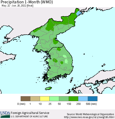 Korea Precipitation 1-Month (WMO) Thematic Map For 5/21/2022 - 6/20/2022