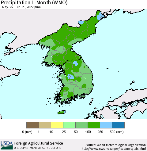 Korea Precipitation 1-Month (WMO) Thematic Map For 5/26/2022 - 6/25/2022