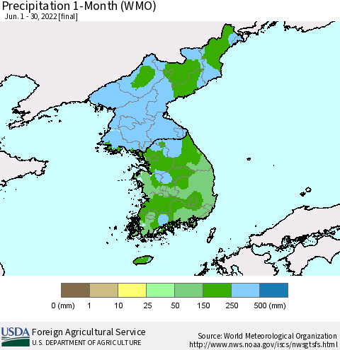Korea Precipitation 1-Month (WMO) Thematic Map For 6/1/2022 - 6/30/2022