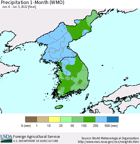 Korea Precipitation 1-Month (WMO) Thematic Map For 6/6/2022 - 7/5/2022
