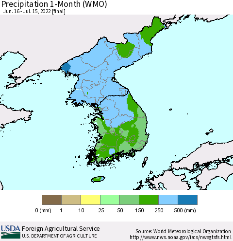 Korea Precipitation 1-Month (WMO) Thematic Map For 6/16/2022 - 7/15/2022