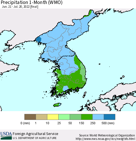Korea Precipitation 1-Month (WMO) Thematic Map For 6/21/2022 - 7/20/2022