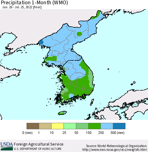 Korea Precipitation 1-Month (WMO) Thematic Map For 6/26/2022 - 7/25/2022