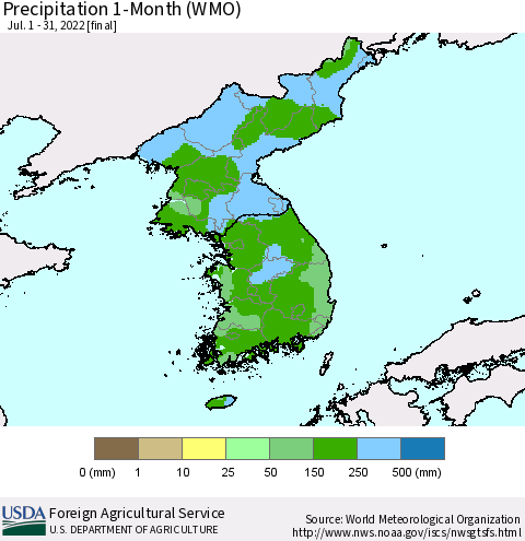 Korea Precipitation 1-Month (WMO) Thematic Map For 7/1/2022 - 7/31/2022